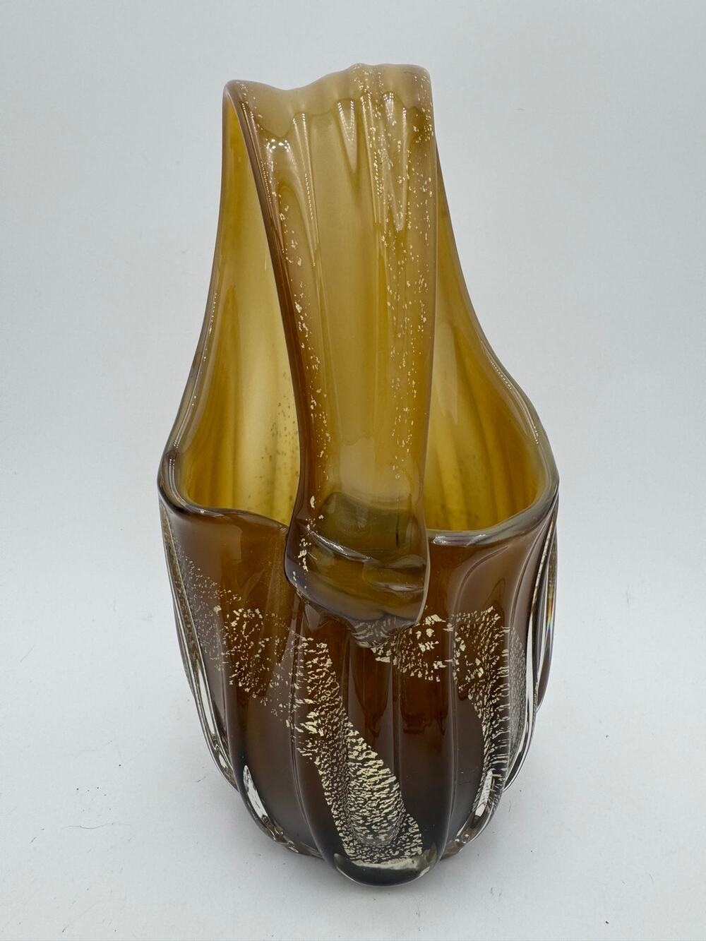 Mid Century Murano Amber Art Glass Aventurine Gold Flecks Vase Basket Handled